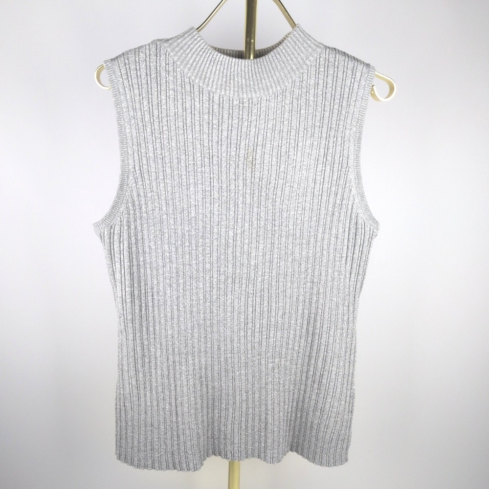 Christopher & Banks Women XL Sweater Tank Top Silver Metallic Ribbed Mock Neck